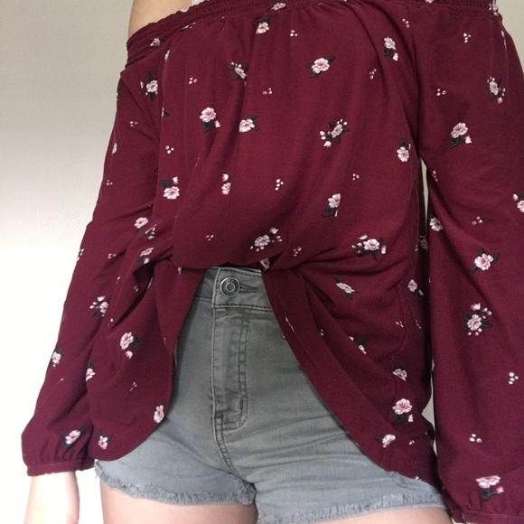 maroon off-the-shoulder floral top - Picture 1 of 6